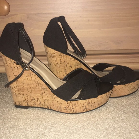 Black Peep Toe Wedges - Picture 2 of 4